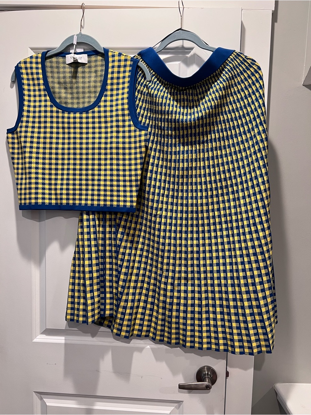 NWT Derek Lam 10 Crosby Pleated Gingham Midi Skirt Set royal blue & canary check